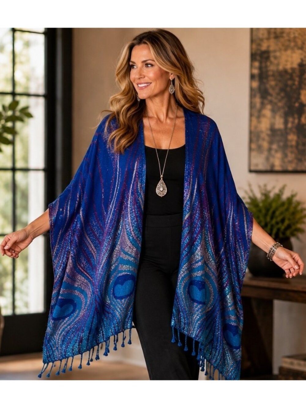Colleen Lopez M/L Metallic Peacock Kimono Ruana Fringe Boho Blue Purple Poncho